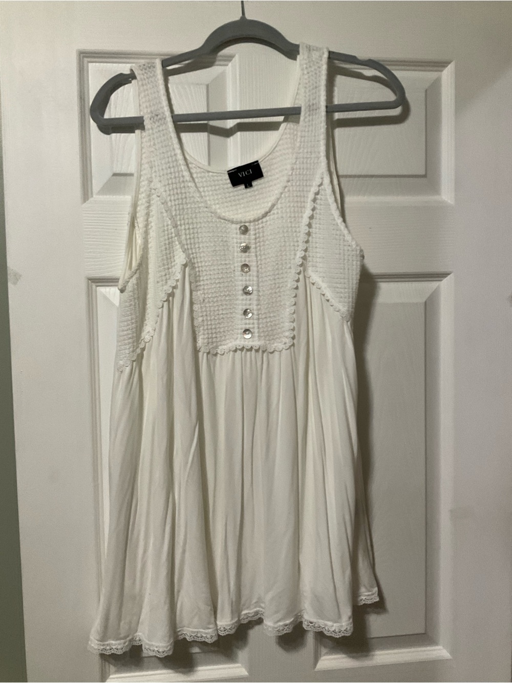 VICI White Crochet Bodice Tank Dress with Button Front